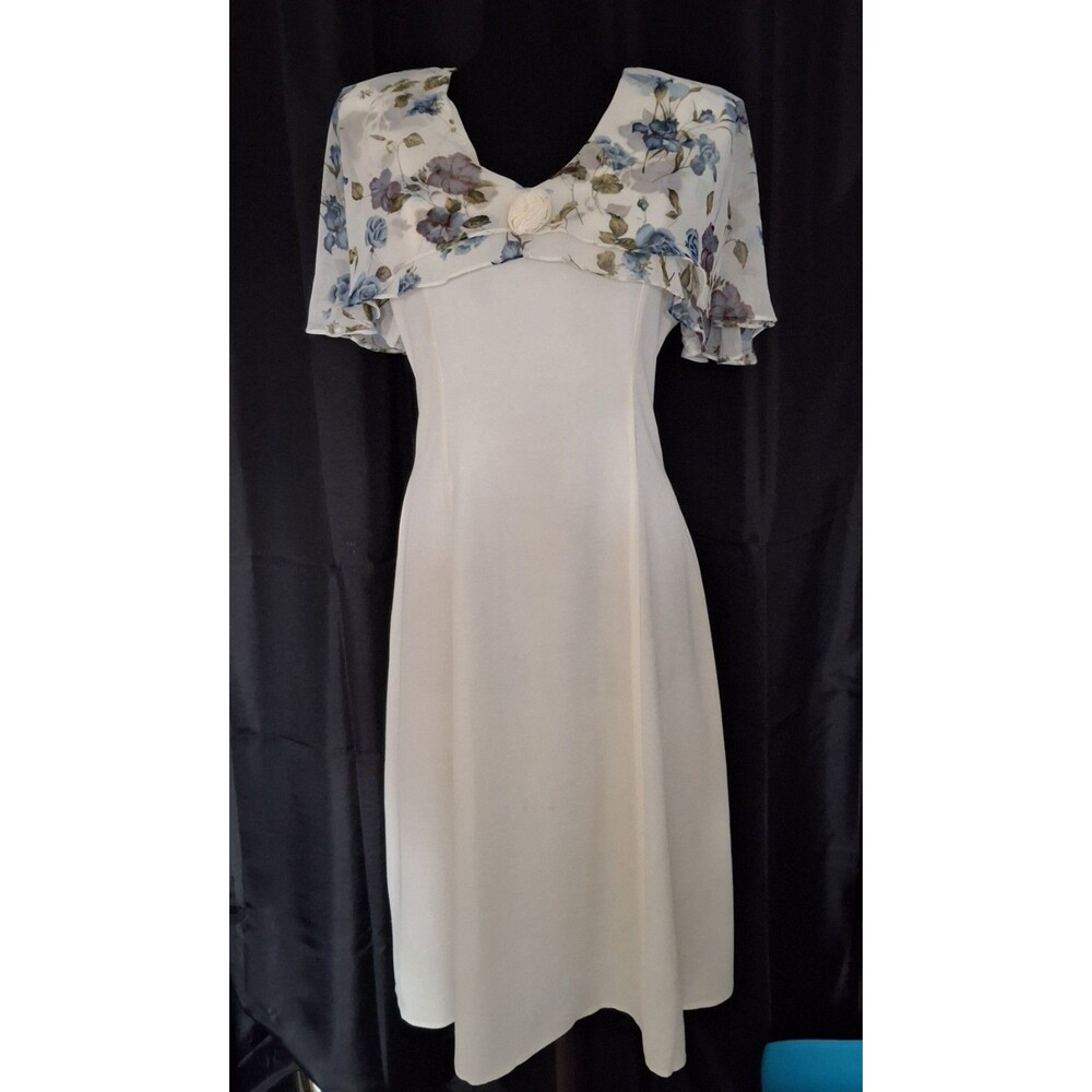 Vtg 80s Midi Dress sheer floral flutter sleeves shawl collar fit & flare 13/14